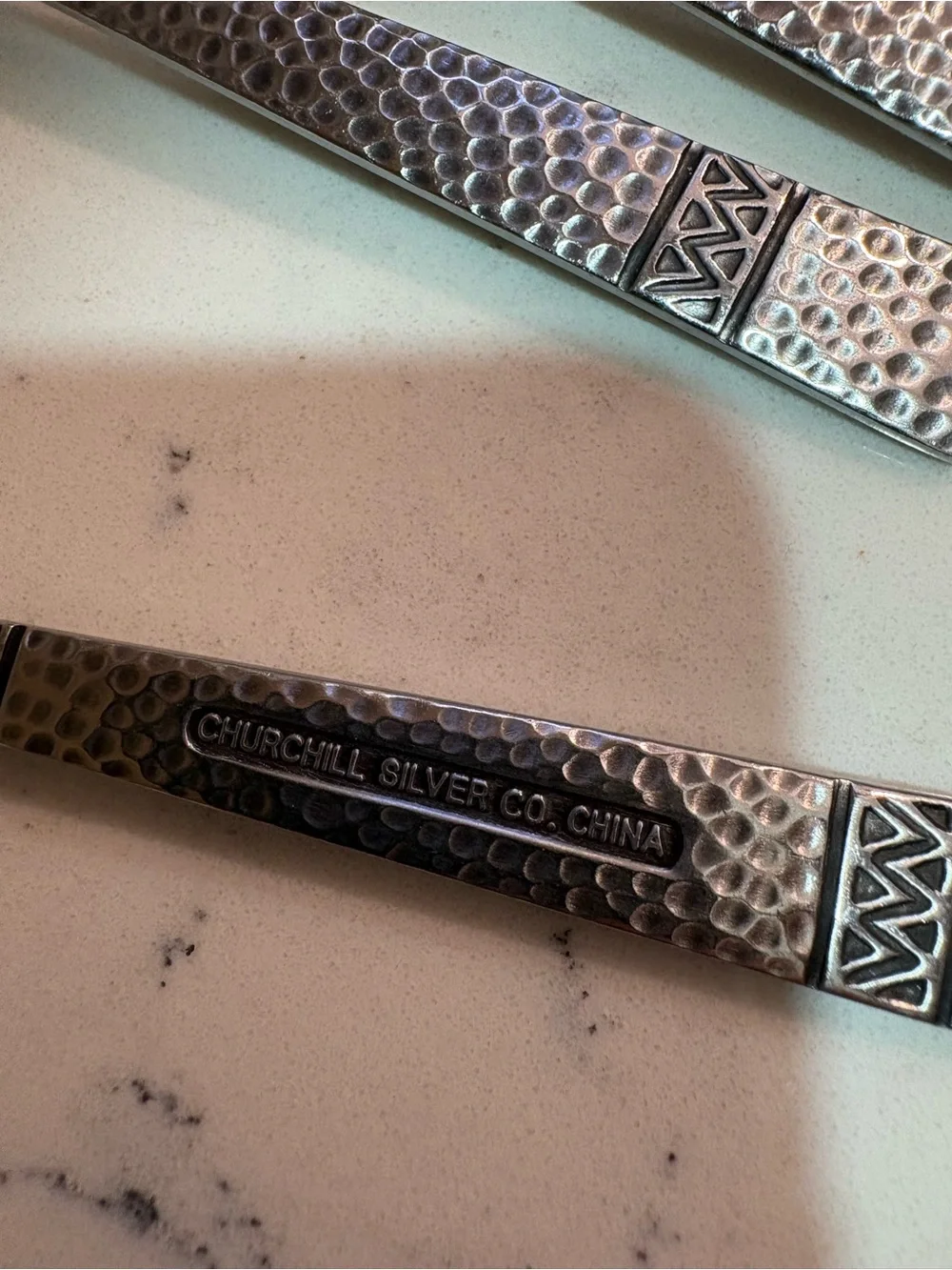 Churchill Silver Co Stainless Flatware 5 Spoons Hammered Geometric Chevron Vtg.